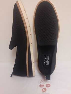 Taryn Rose Women's 9.5M Black Knit Slip-On Loafers with Tan Trim
